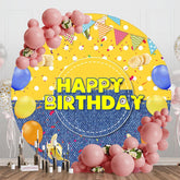 Aperturee - Aperturee Yellow Dots Denim Balloons Round Birthday Backdrop